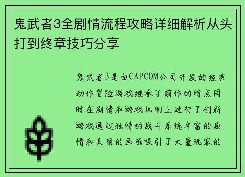 鬼武者3全剧情流程攻略详细解析从头打到终章技巧分享 鬼武者3全剧情流程攻略详细解析从头打到终章技巧分享